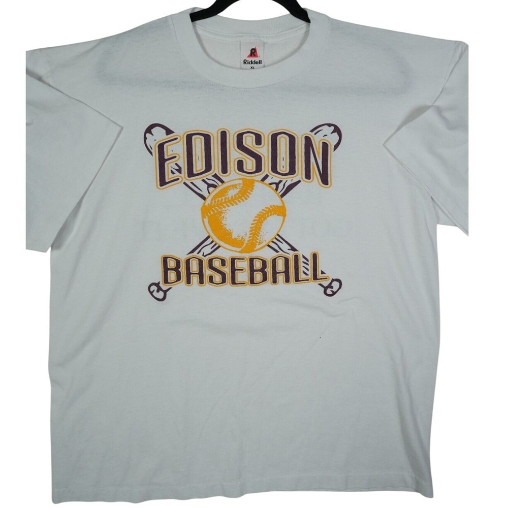 Vintage Riddell Edison Baseball Graphic T-Shirt White XL Made in USA 50/50‎